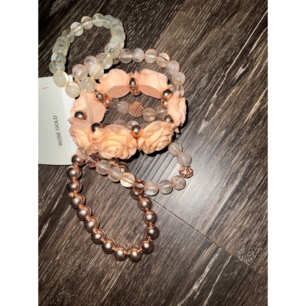 Charlotte Russe Bracelet Set 5-Piece Beaded Floral Rose Gold Tone Stretch Boho